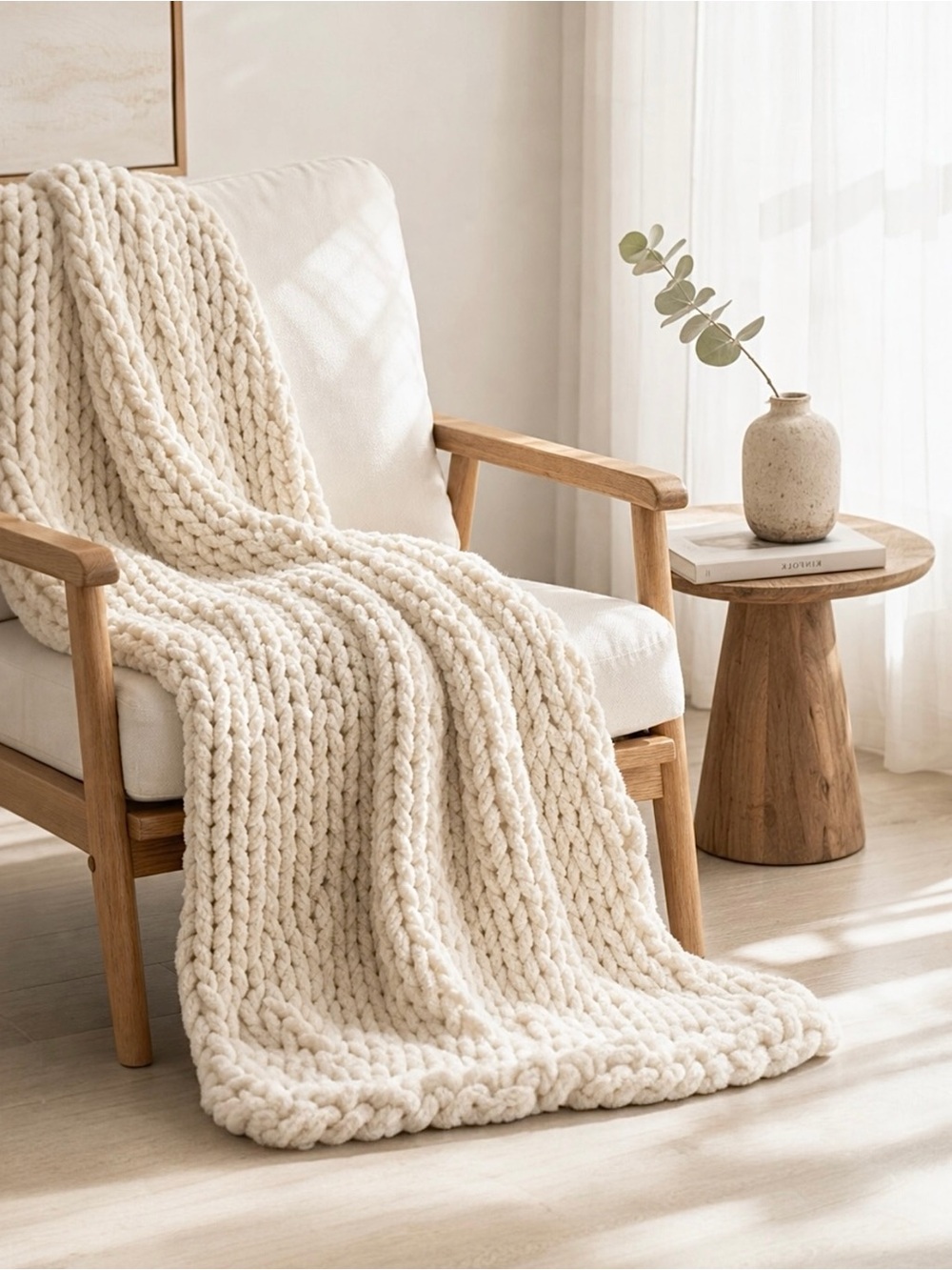 NEW Anthro Boho Chunky White Chenille Cable Knit Crochet Throw Blanket 60" x 40"